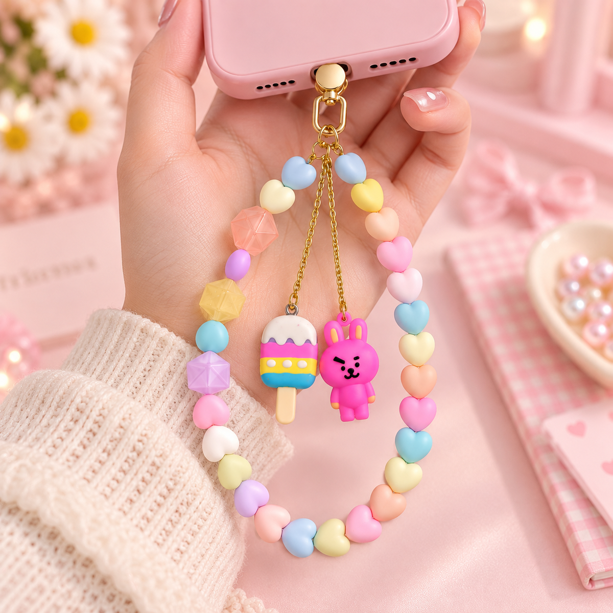 Sweet Tooth – Pastel Heart Phone Charm with Popsicle & Bunny