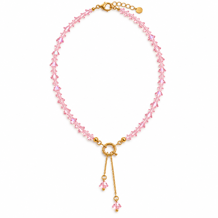 Pink Drip – Pink Crystal Beaded Lariat Necklace