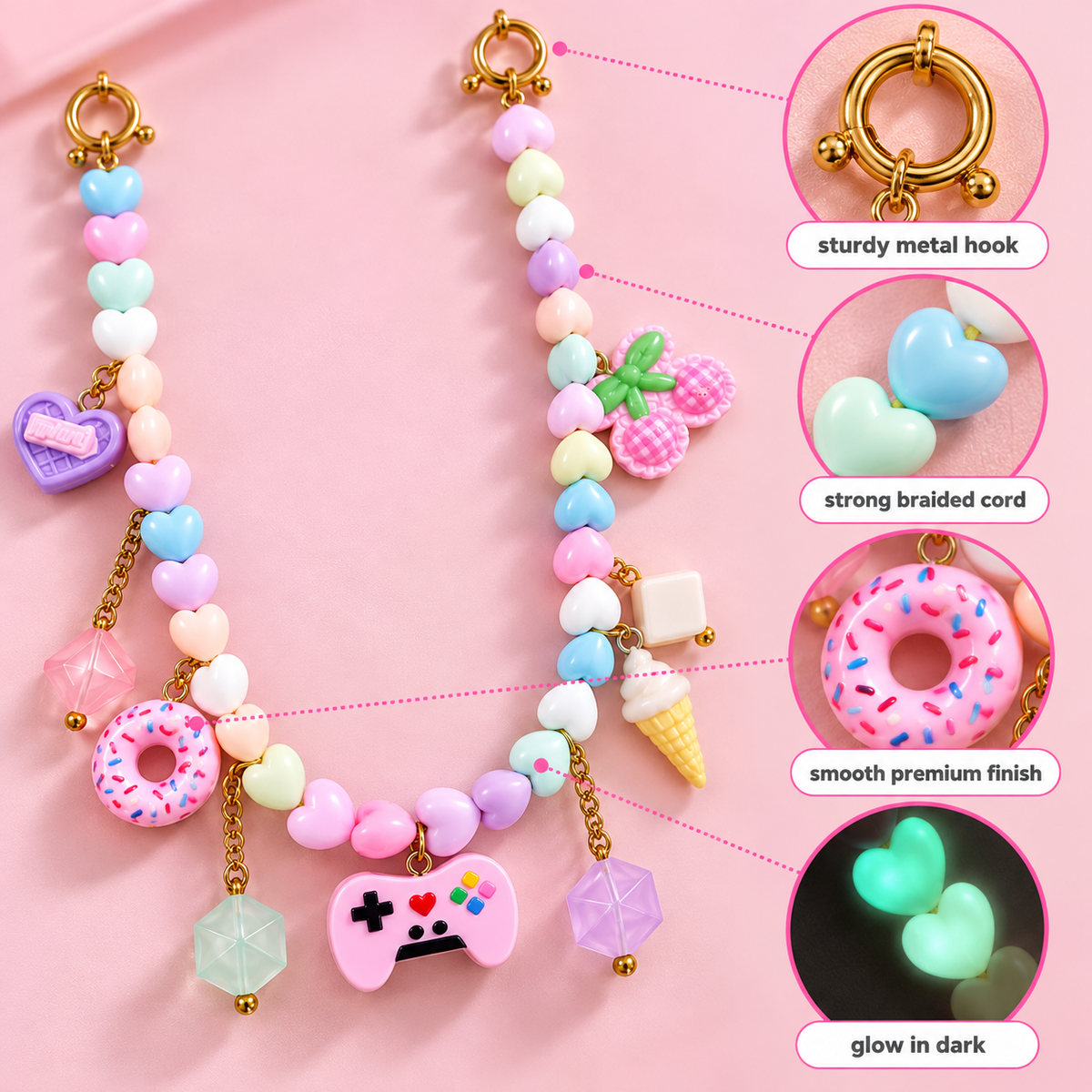Snack Attack – Pastel Heart Bead Kawaii Charm Bag Chain