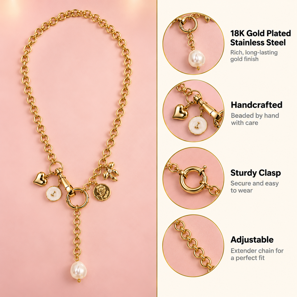 Main Character – Chunky Gold Charm Necklace with Pearl