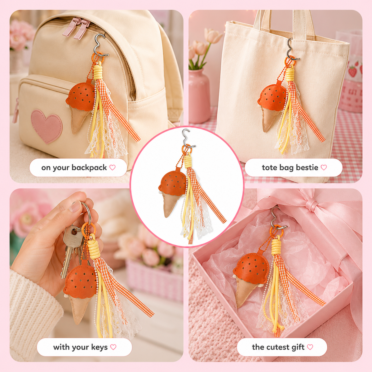 Ice cream bag charm with white lace and pearl bead chain – photo 3