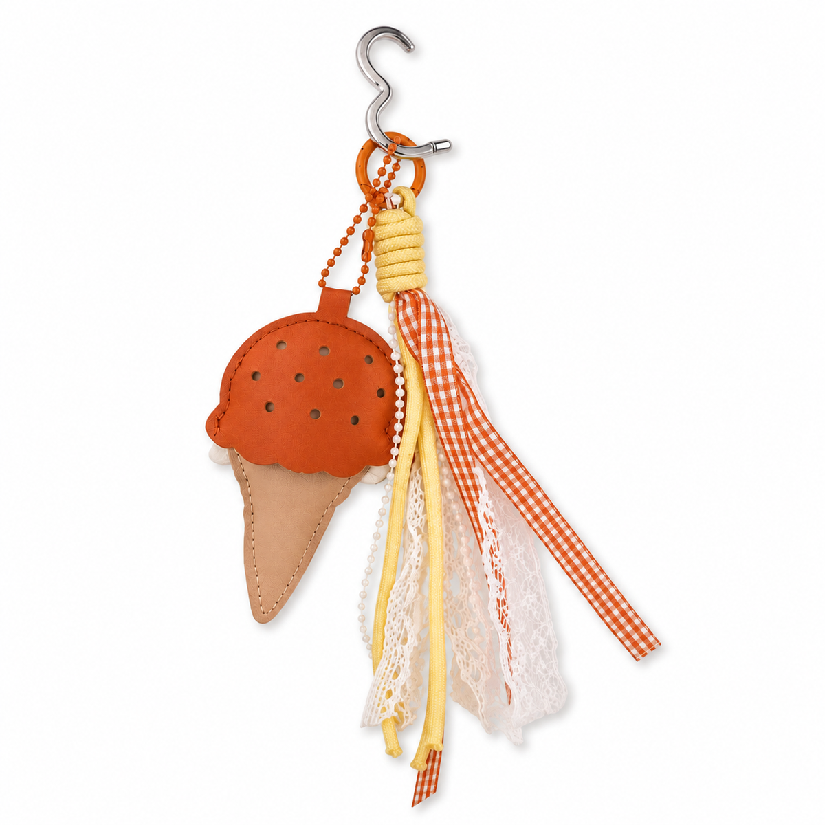 Leather-finish ice cream charm with orange gingham ribbon – photo 2