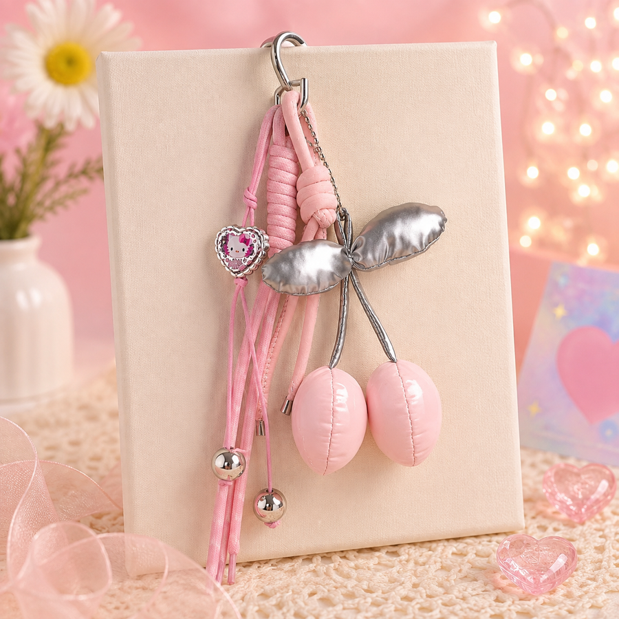 Cutesto pink cherry bag charm – cute detachable multi-layered heart charm
