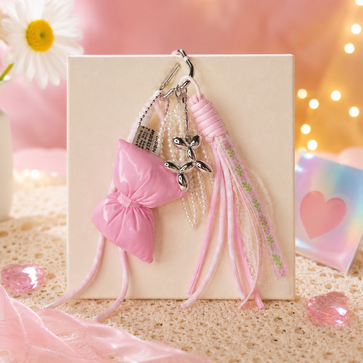 Cutesto pink bow bag charm with plush bow, pearl and silver dog charm
