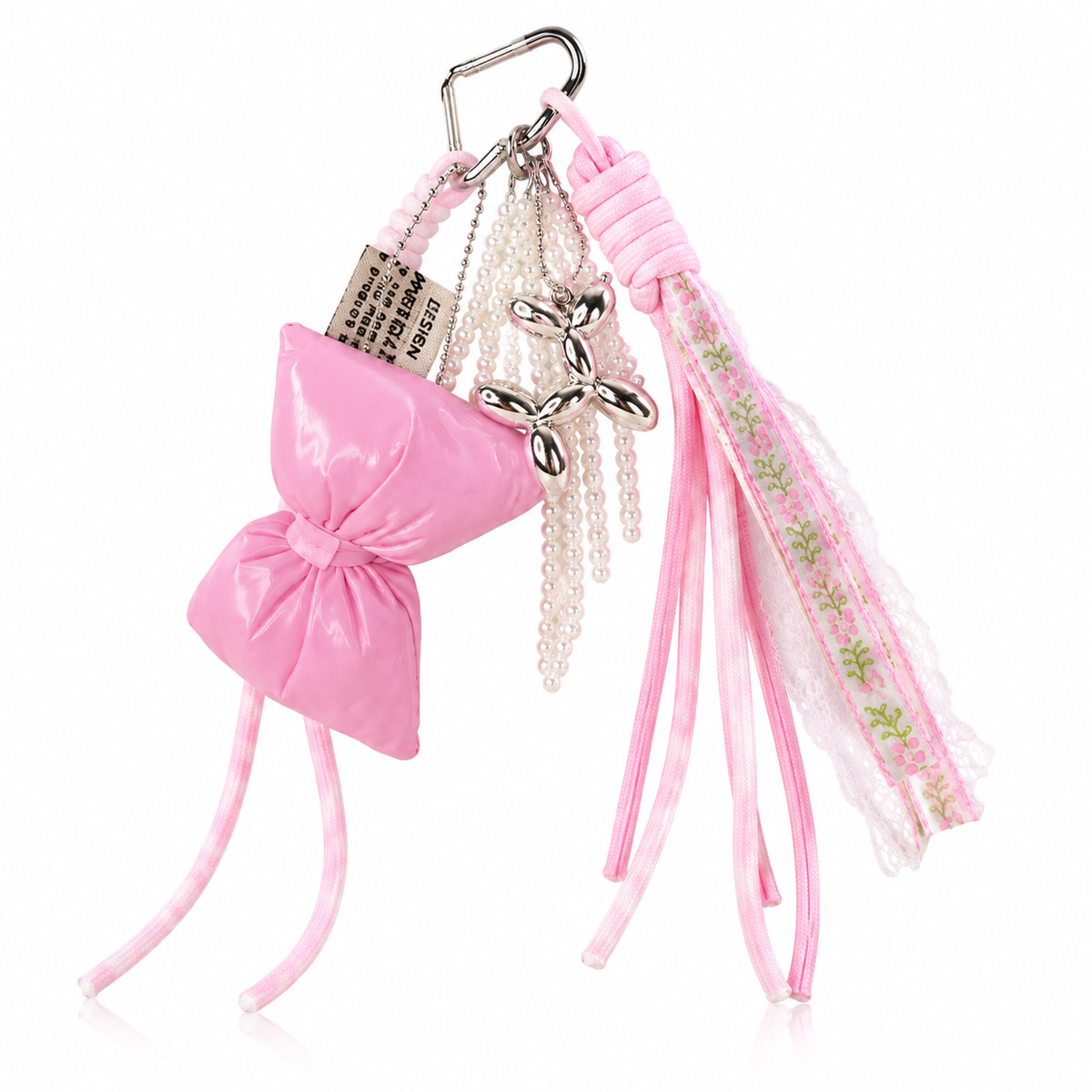 Plush pink bow charm with lace-detailed cord and pearl element – photo 2