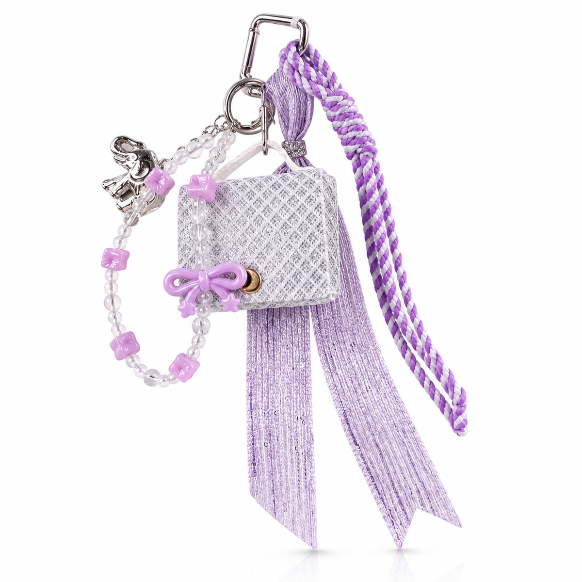 Lavender bag charm with ribbon, cords and white mini bag charm – photo 2