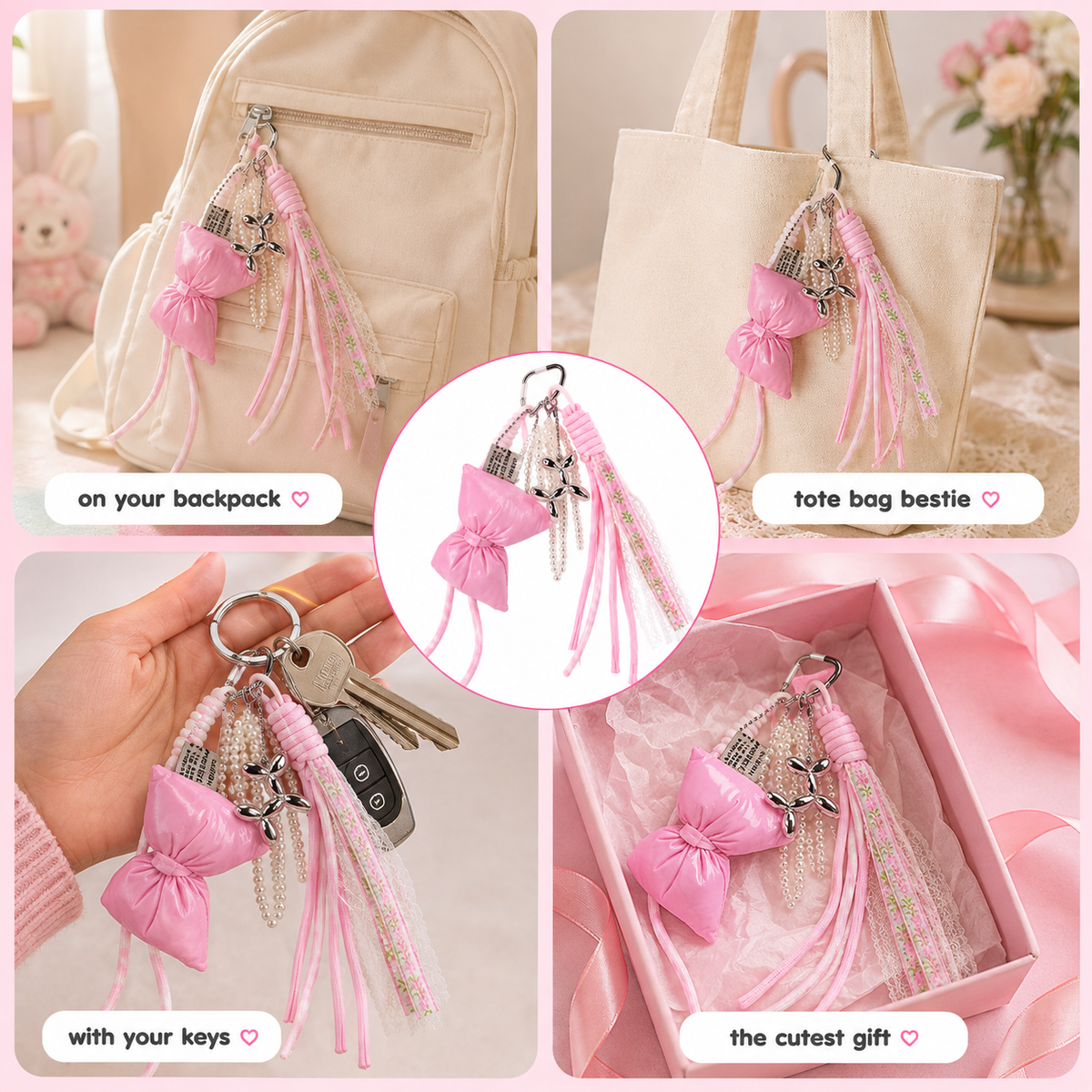 Pink bow keychain charm with silver-tone metal dog charm – photo 3