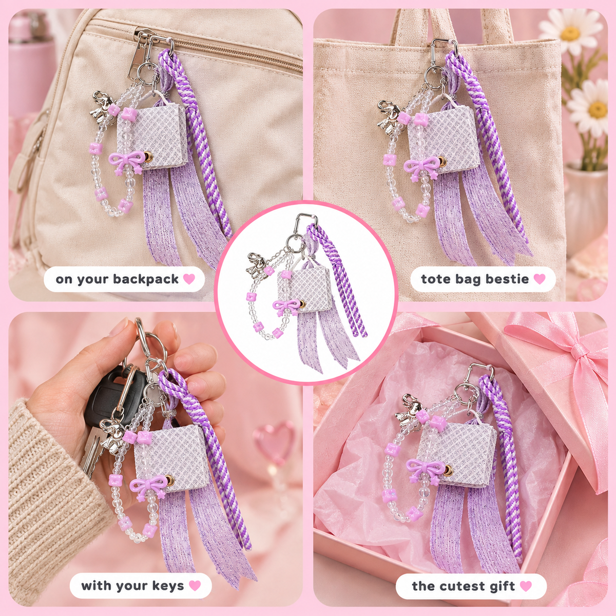 Metal elephant charm with crystal bead string in pastel lavender – photo 3