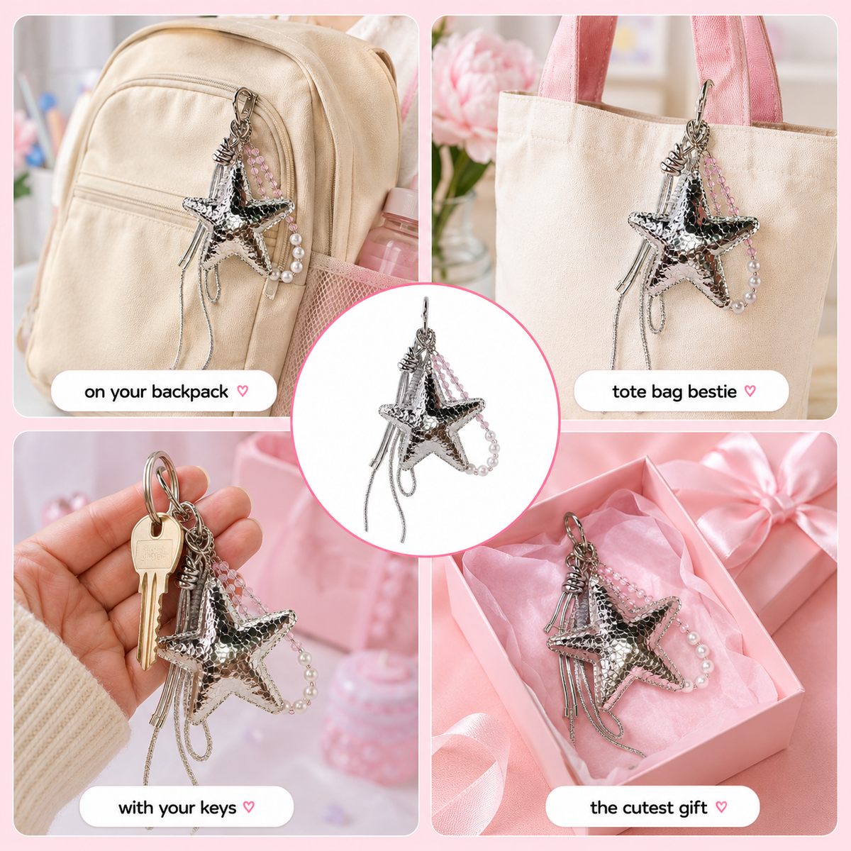 Sparkly star keychain charm with decorative cords – photo 3