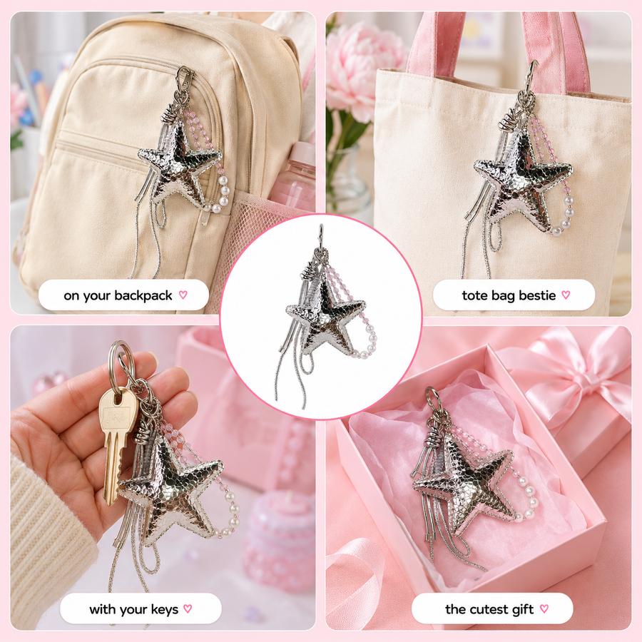 Sparkly star keychain charm with decorative cords – photo 3