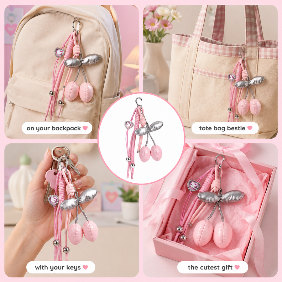 Pink bag charm with heart-shaped metal charm and heart hook – photo 3