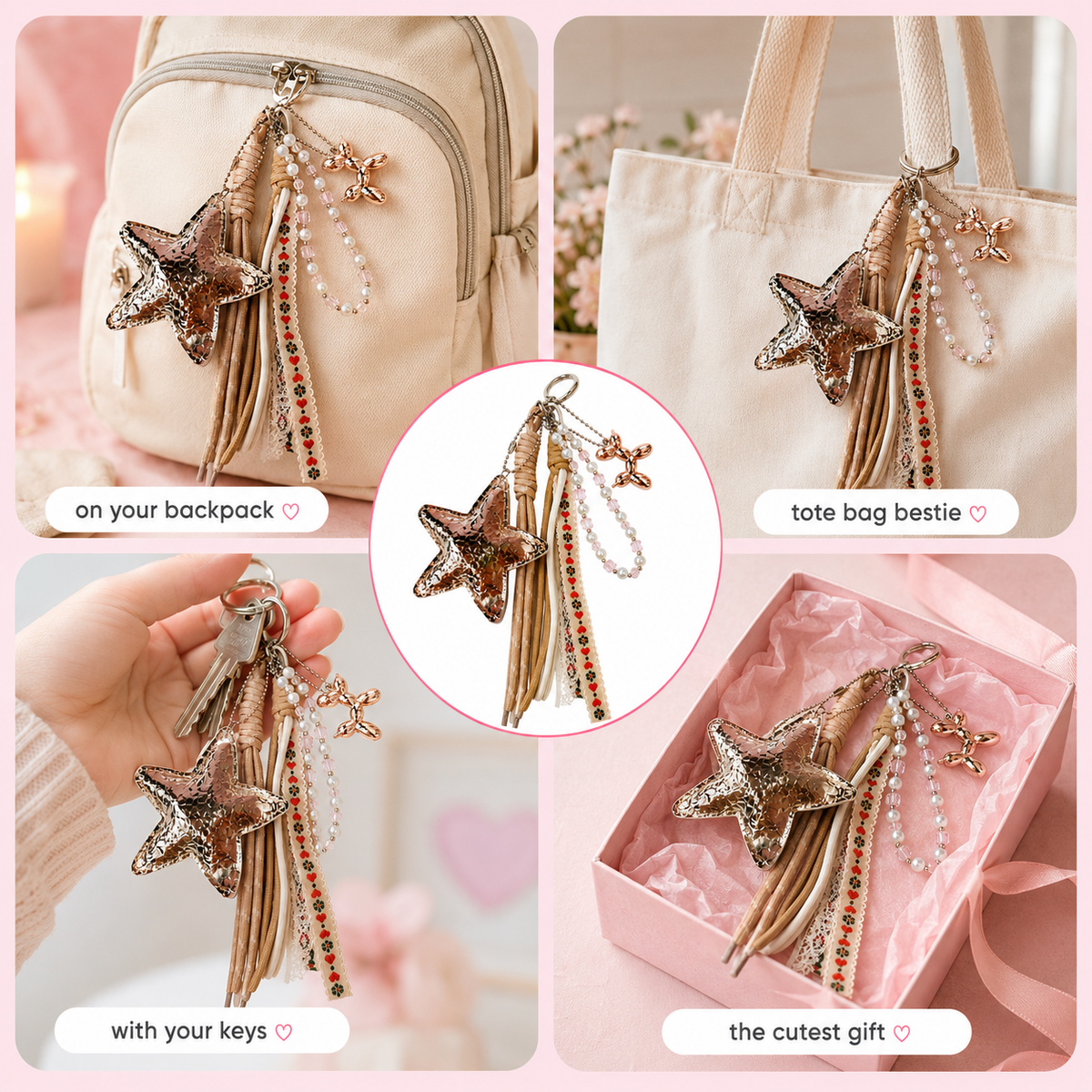 Golden star keychain charm with metal dog charm and crystal beads – photo 3
