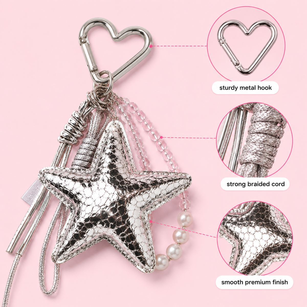 Detachable silver star bag charm for handbags and backpacks – photo 4
