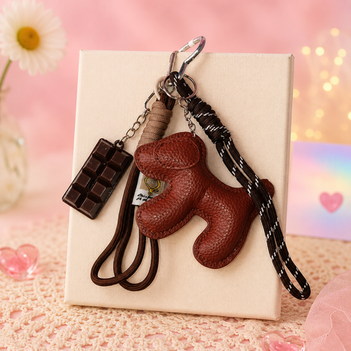 Cutesto brown dog bag charm with chocolate charm – detachable multi-layered keychain