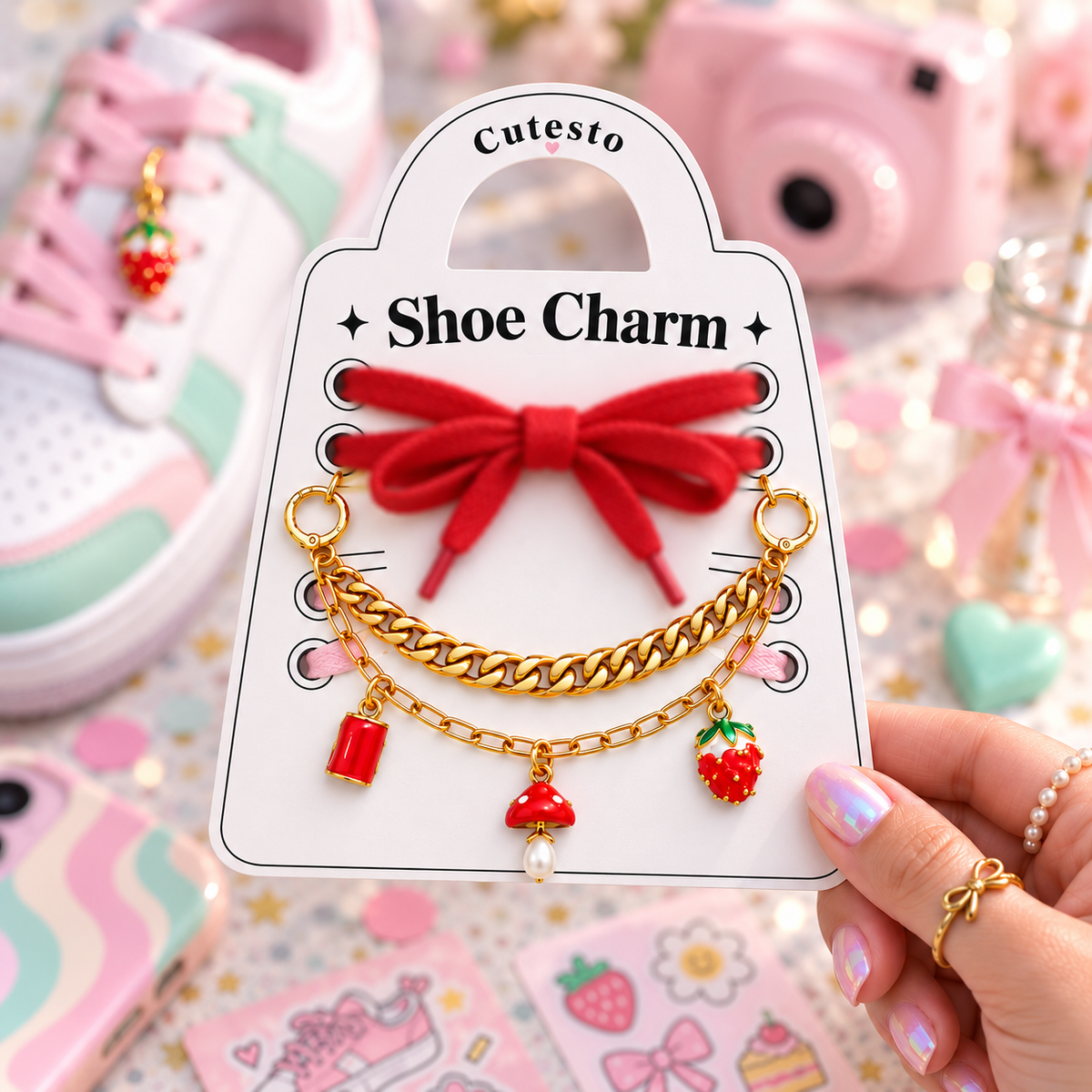 Red Flag – Strawberry & Mushroom Gold Chain Shoe Charm