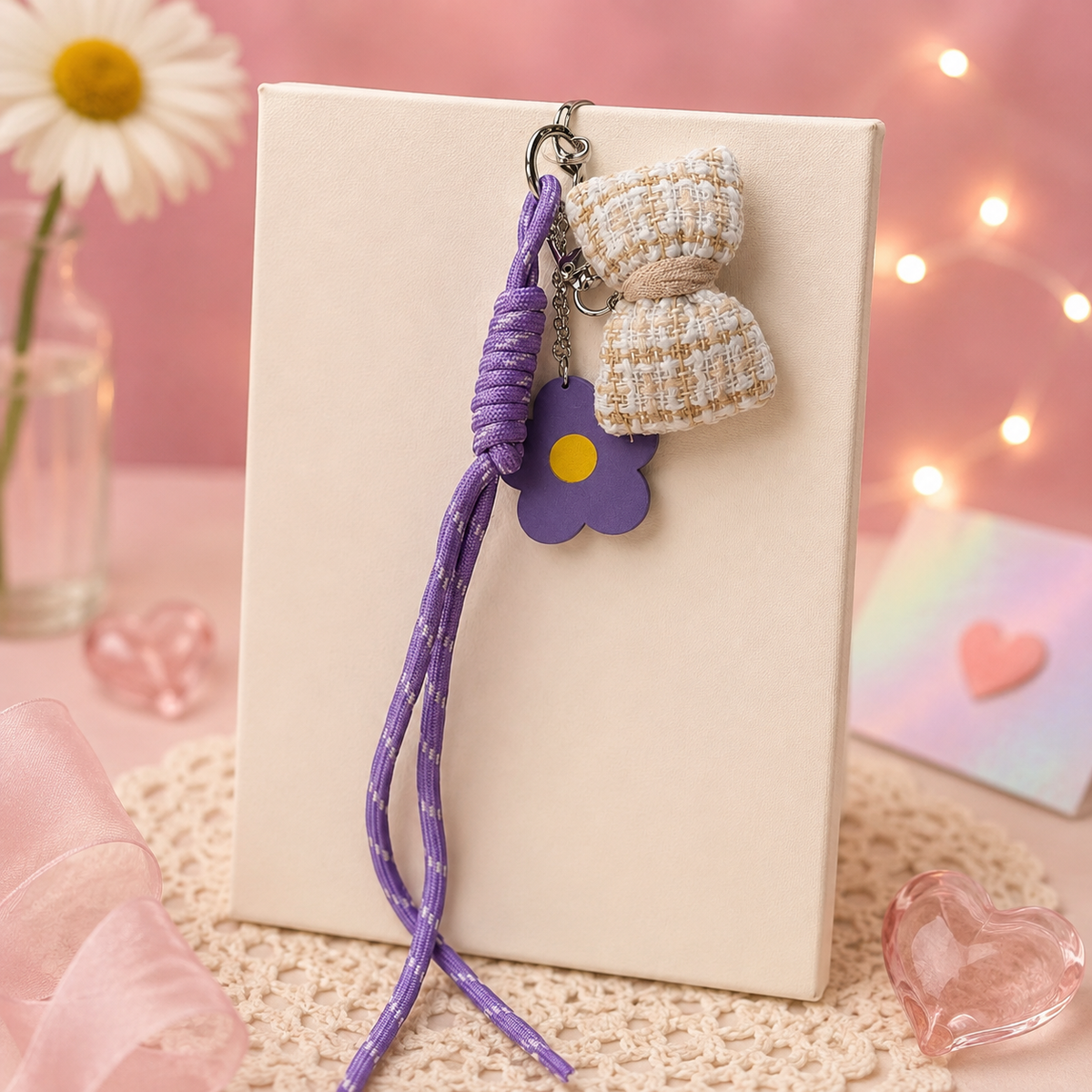 Cutesto lavender flower and cream bow phone charm – cute charm strap