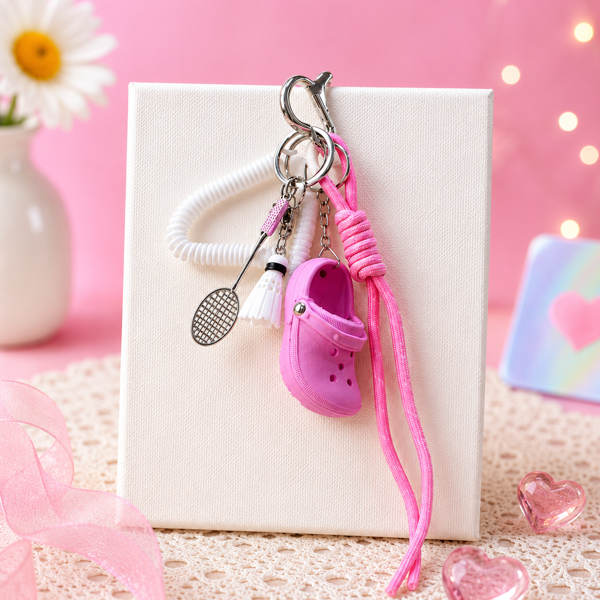 Pink Sporty Charm Set – Badminton, Clogs & Wrist Strap Bag Charm