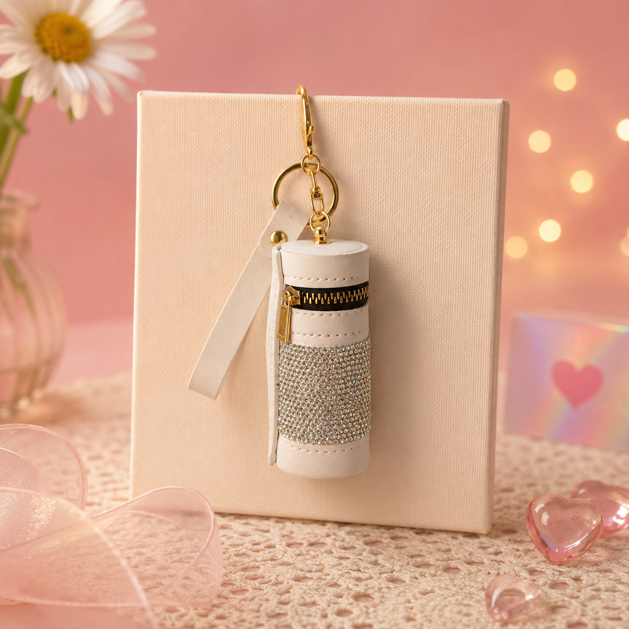 Rhinestone Cylinder Mini Pouch Keychain – Sparkly Zipper Bag Charm