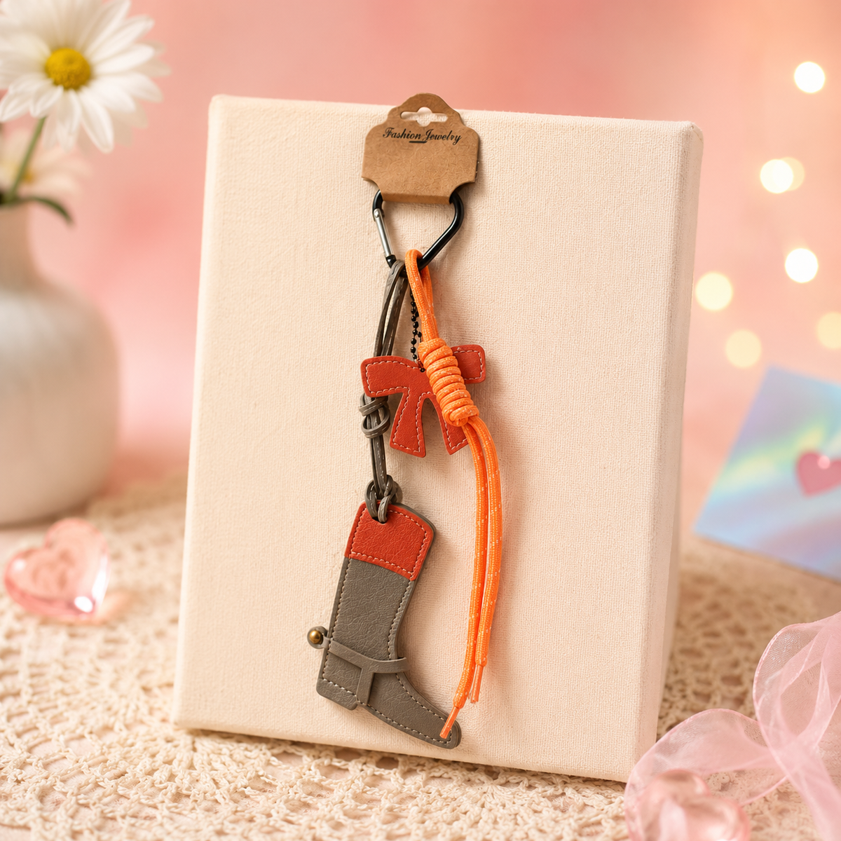Orange Luxe Boot Bag Charm – Handcrafted Leather Boot & Bow Keychain Charm