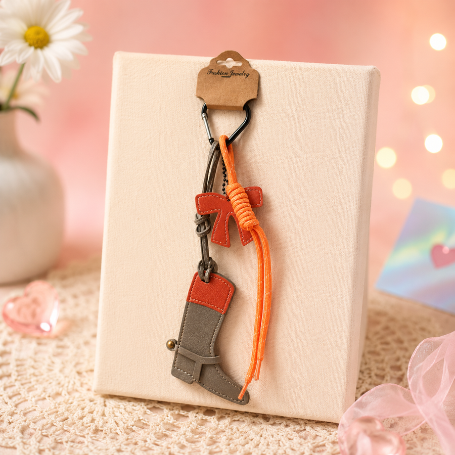 Orange Luxe Boot Bag Charm – Handcrafted Leather Boot & Bow Keychain Charm