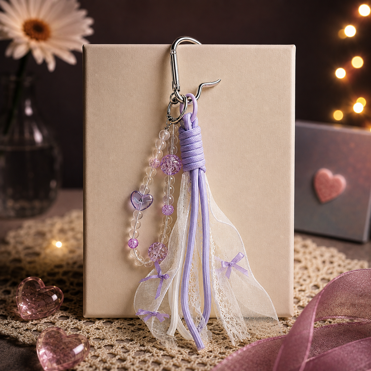 Cutesto lavender crystal bow phone charm – pearl and lace charm strap