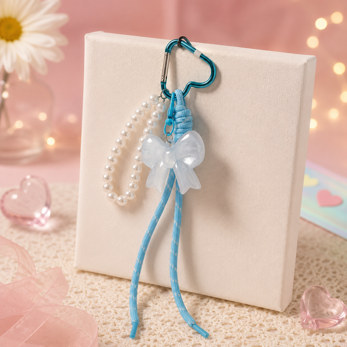 Cutesto teal blue crystal bow phone charm – pearl and bead charm strap