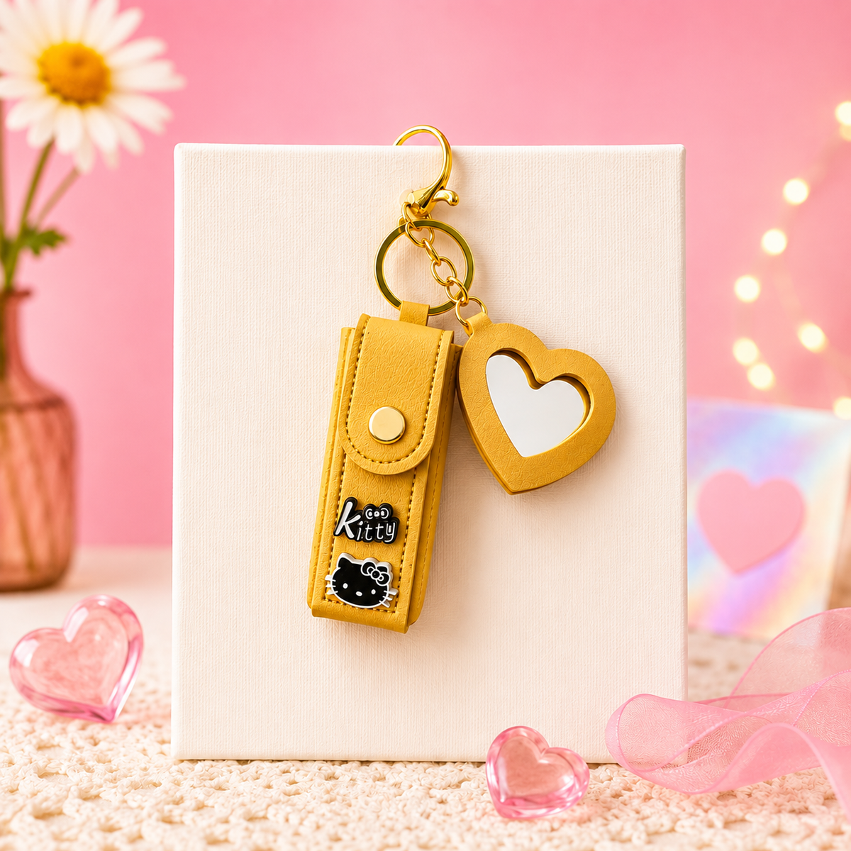 Golden Heart Lipstick Holder Charm – Cute Kitty Keychain with Mirror