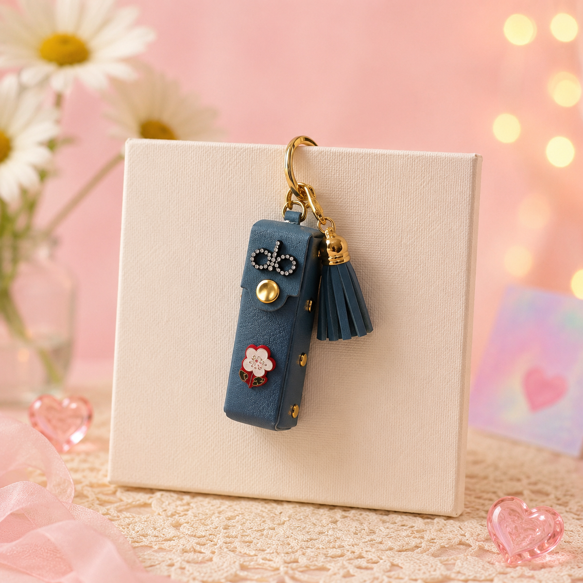 Luxe Blue Lipstick Holder Charm – Pocket Pouch Keychain with Tassel
