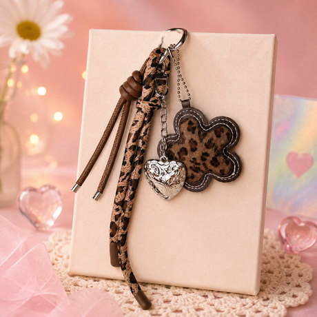 Leopard Print Bag Charm – Detachable Multi-Layered Flower & Heart Charm