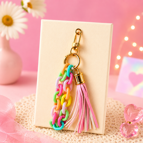 Multicolour Chain Phone Charm – Beaded Charm Strap with Pink Tassel