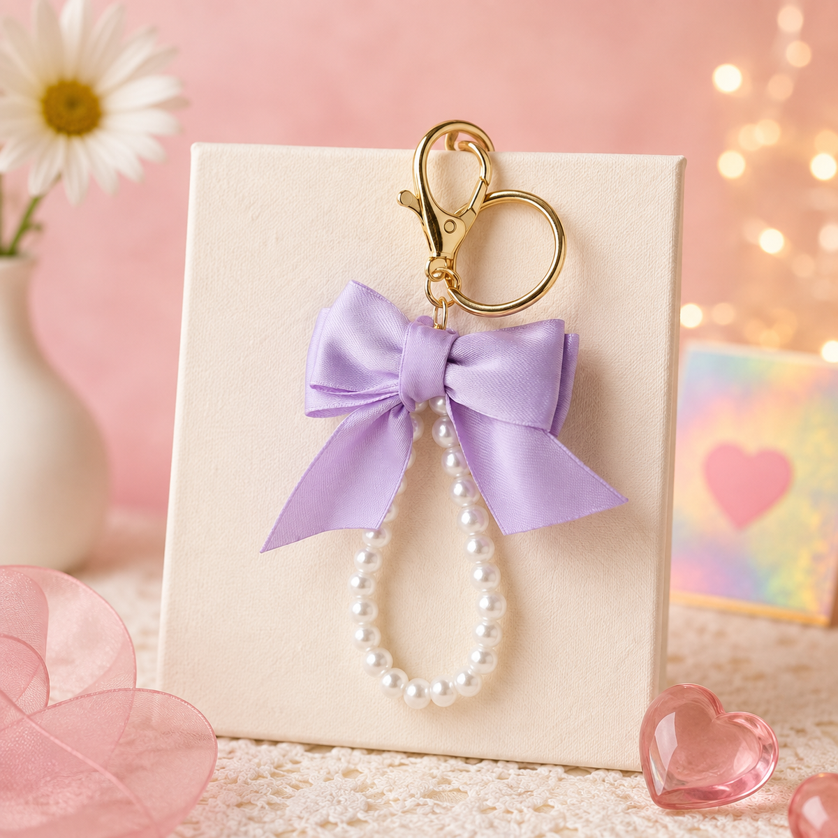 Cutesto lavender ribbon bow phone charm – pearl bead charm strap