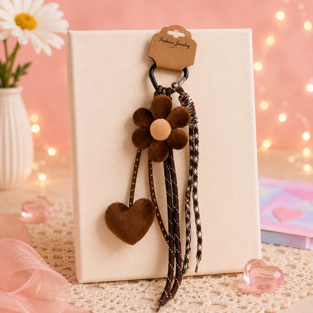 Brown Flower & Heart Soft Charm Keychain – Cozy Plush Bag Charm