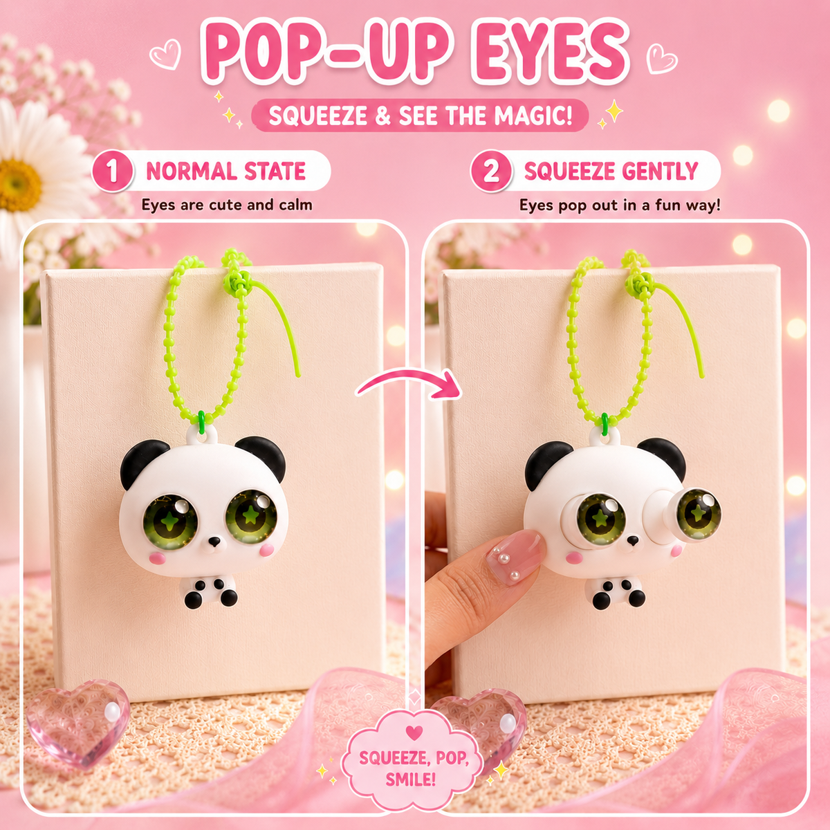 White Panda Pop-Up Eyes Squeeze Fidget Toy – Cute Silicone Sensory Keychain