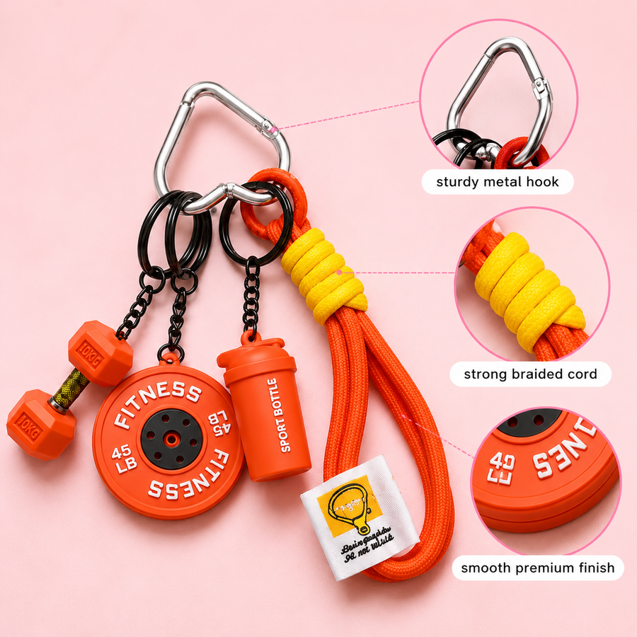Gym Buddy Fitness Bag Charm – Dumbbell & Sipper Keychain for Gym Lovers