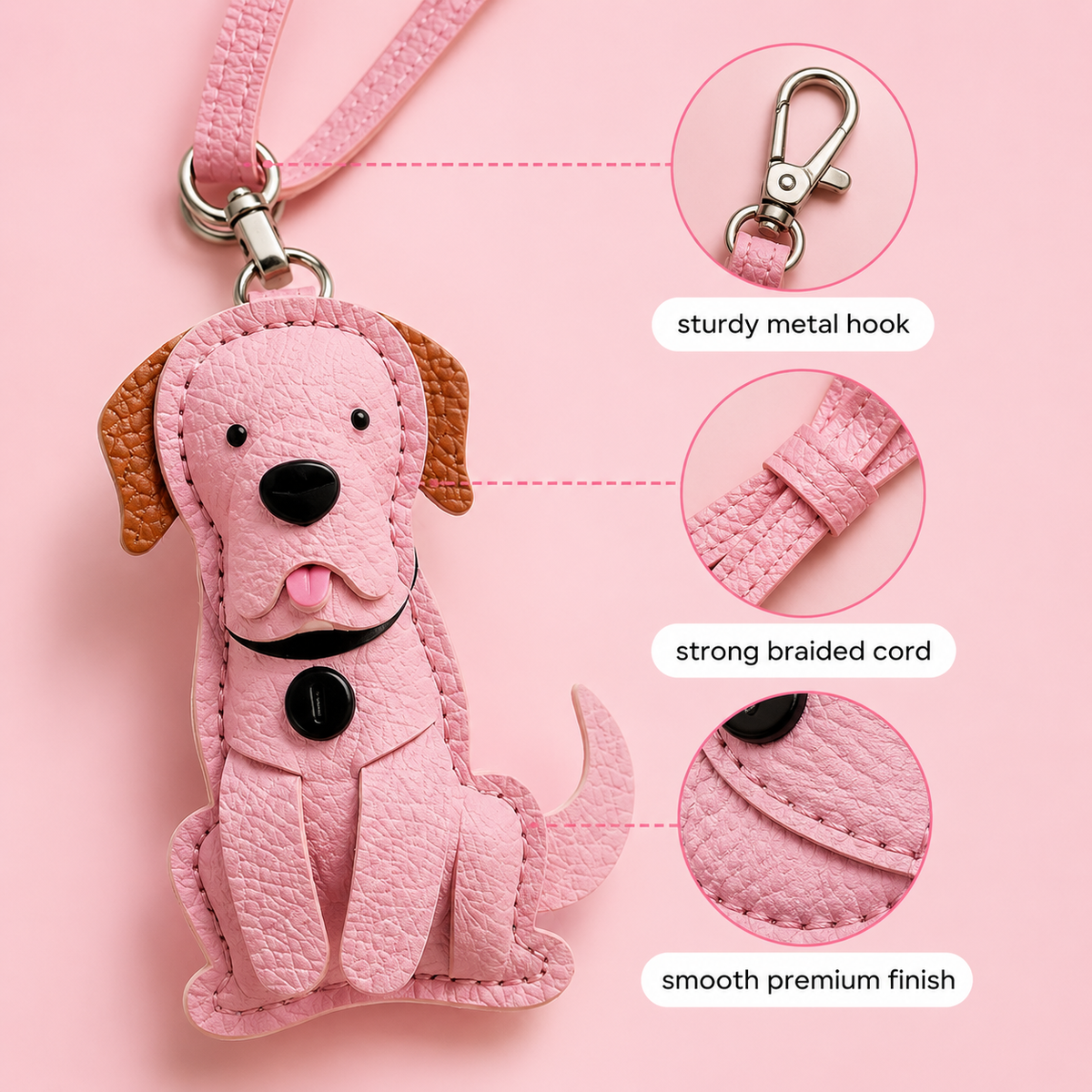 Pink Leather Dog Key Charm & Bookmark – Cute Tag for Keys, Bags & Books