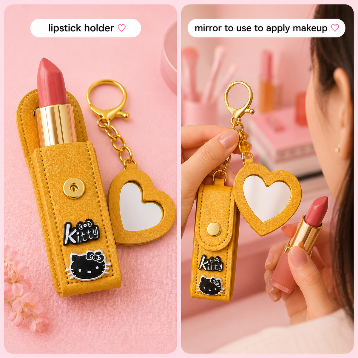 Golden Heart Lipstick Holder Charm – Cute Kitty Keychain with Mirror