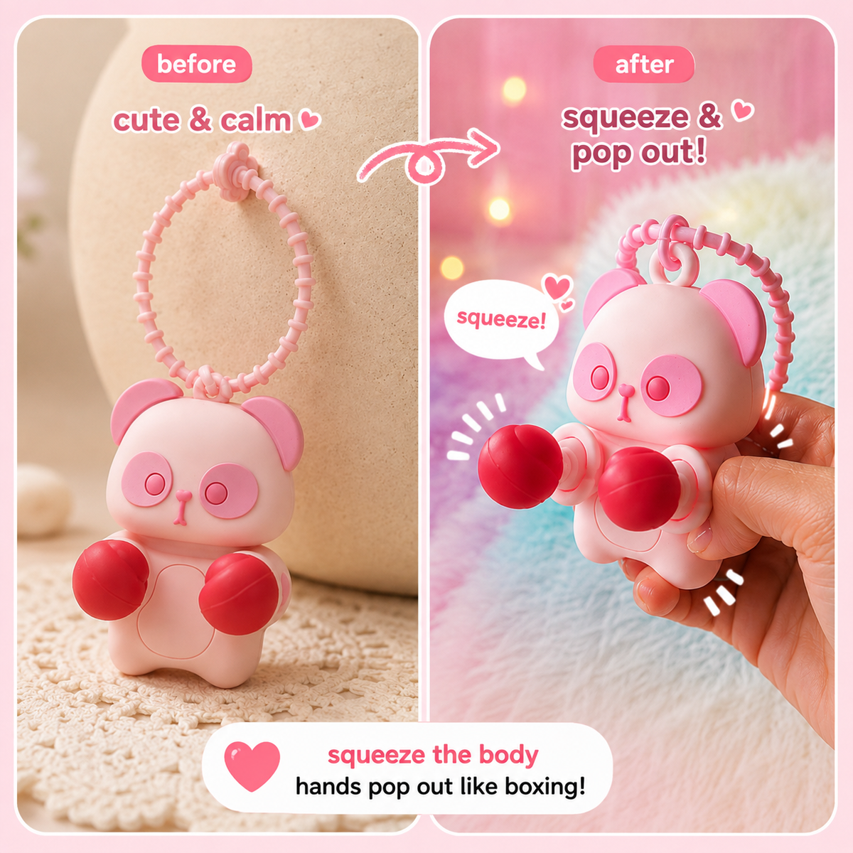 Pink Boxing Glove Pop-Up Squeeze Toy Keychain – Stress Relief Fidget Charm