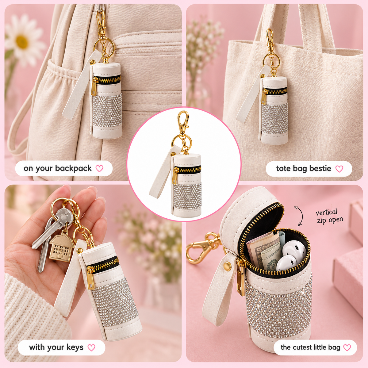 Rhinestone Cylinder Mini Pouch Keychain – Sparkly Zipper Bag Charm