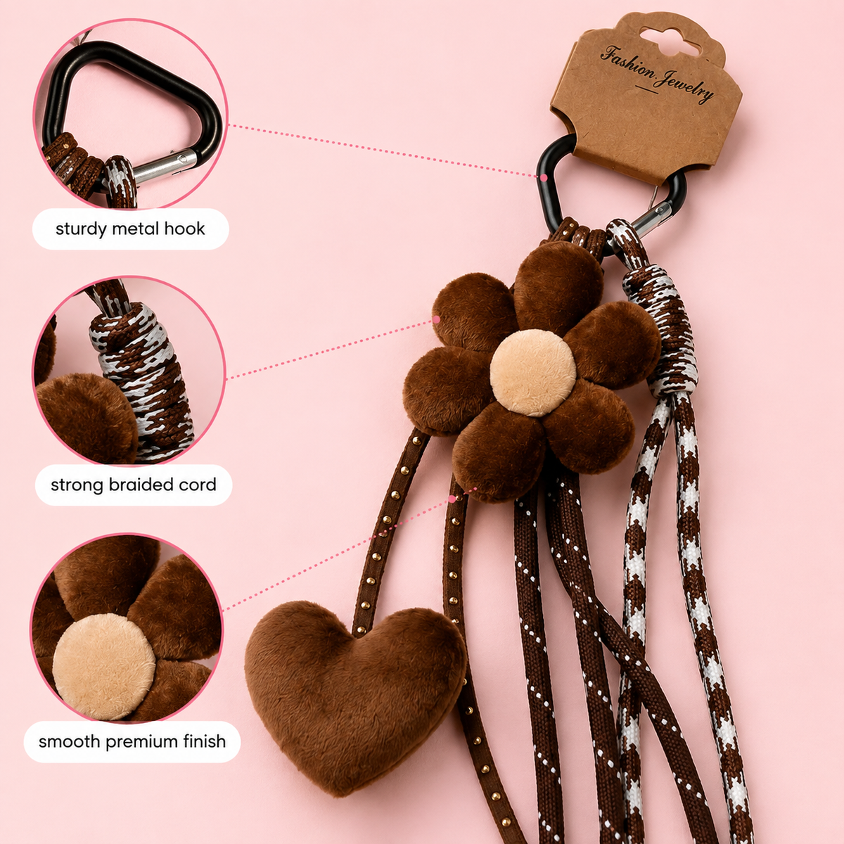 Brown Flower & Heart Soft Charm Keychain – Cozy Plush Bag Charm