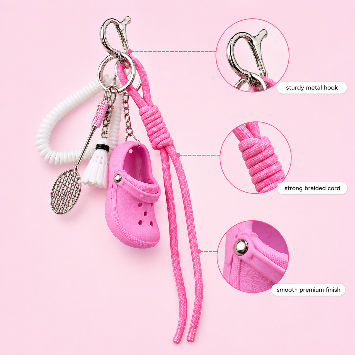 Pink Sporty Charm Set – Badminton, Clogs & Wrist Strap Bag Charm