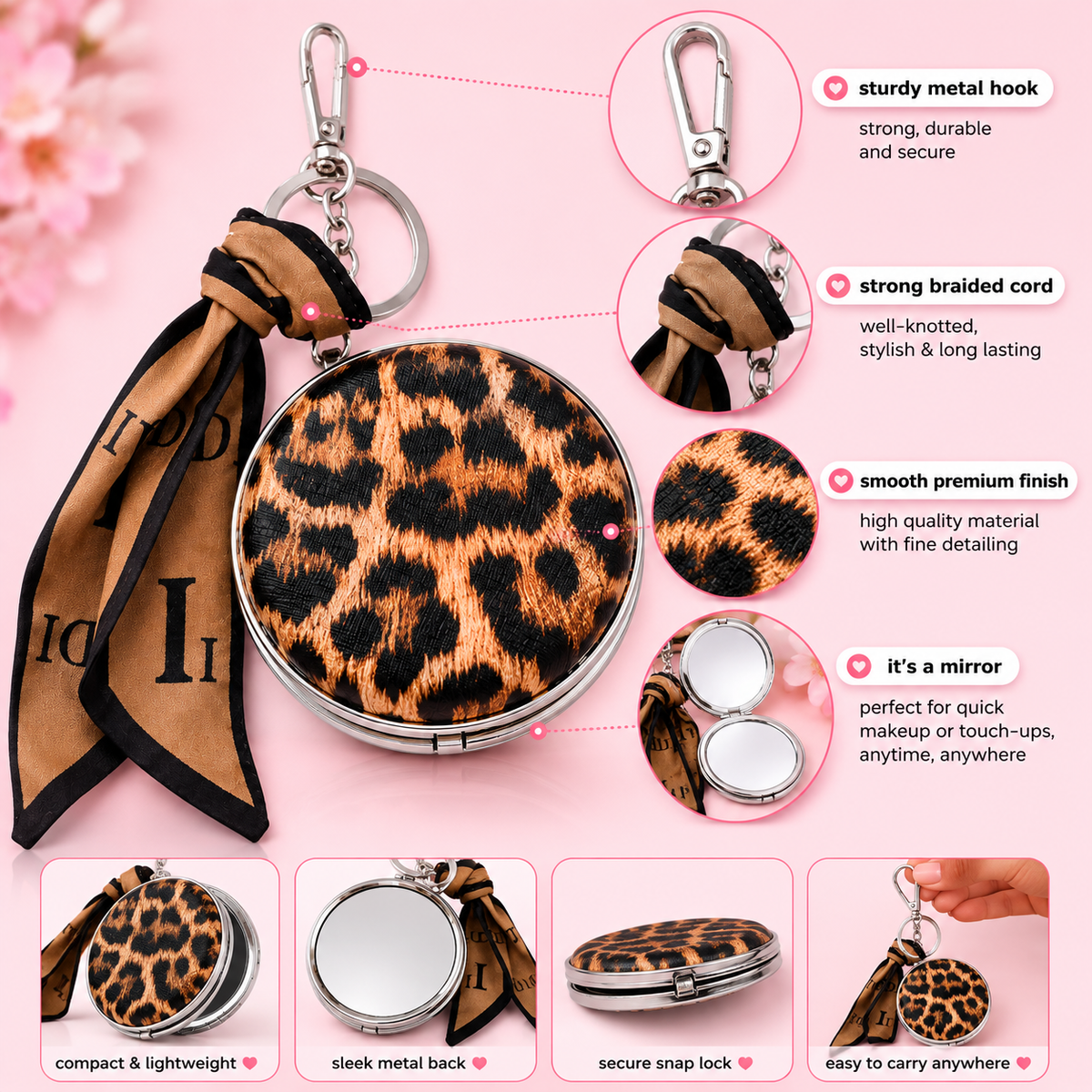 Leopard Pocket Mirror Bag Charm – Compact Makeup Mirror Keychain