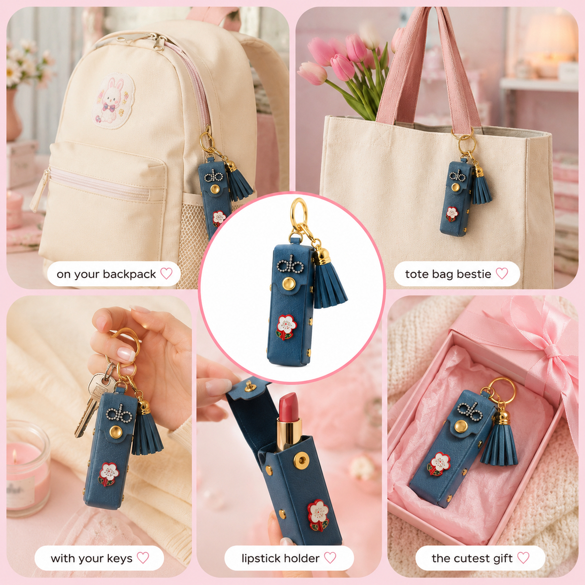 Luxe Blue Lipstick Holder Charm – Pocket Pouch Keychain with Tassel