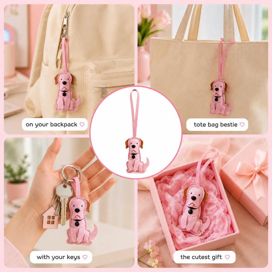 Pink Leather Dog Key Charm & Bookmark – Cute Tag for Keys, Bags & Books