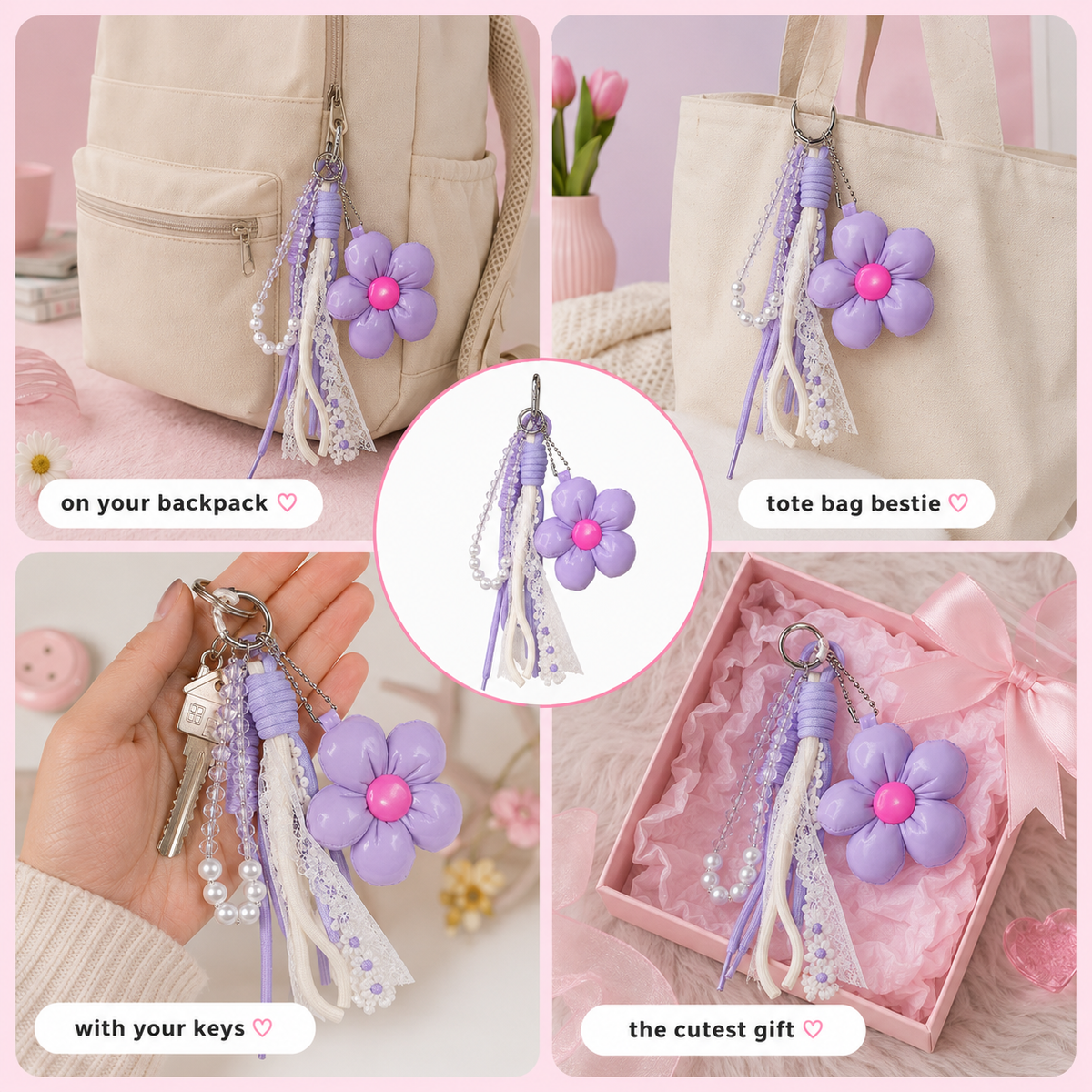 Lavender flower keychain charm with crystal bead element – photo 3