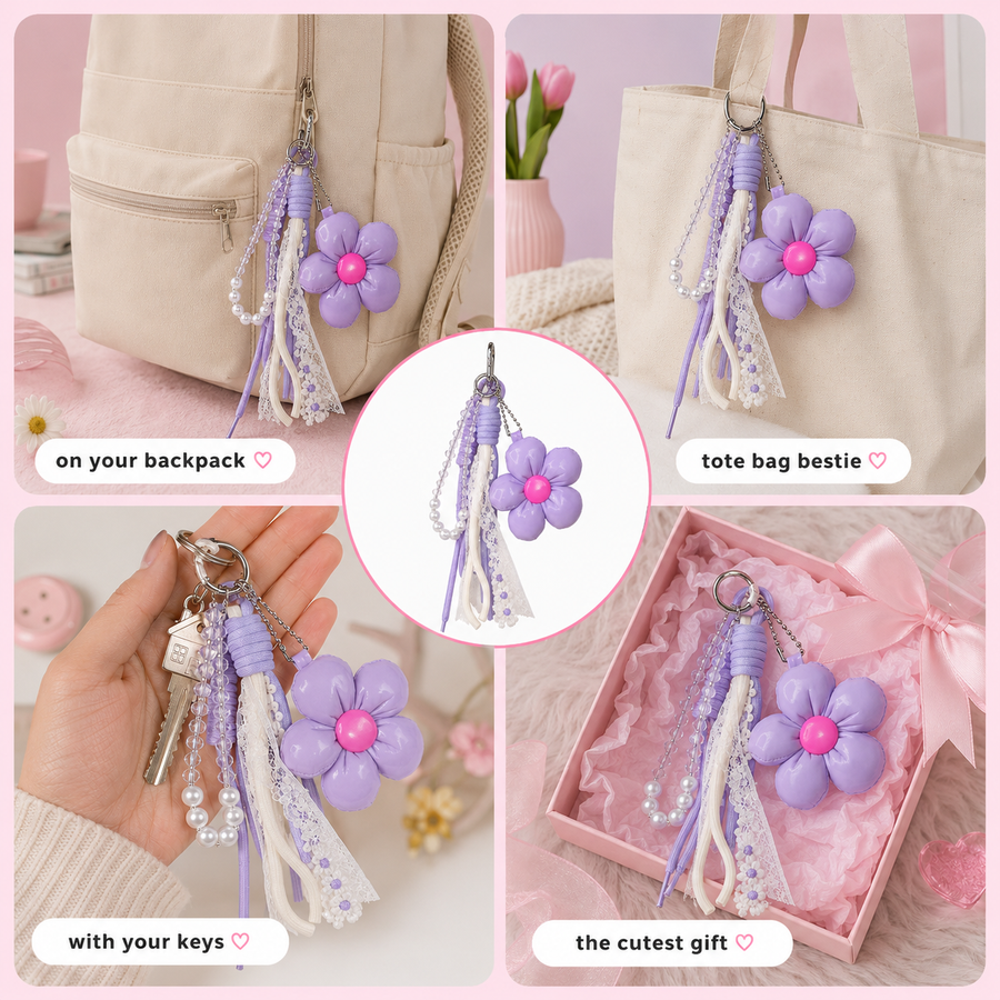 Lavender flower keychain charm with crystal bead element – photo 3