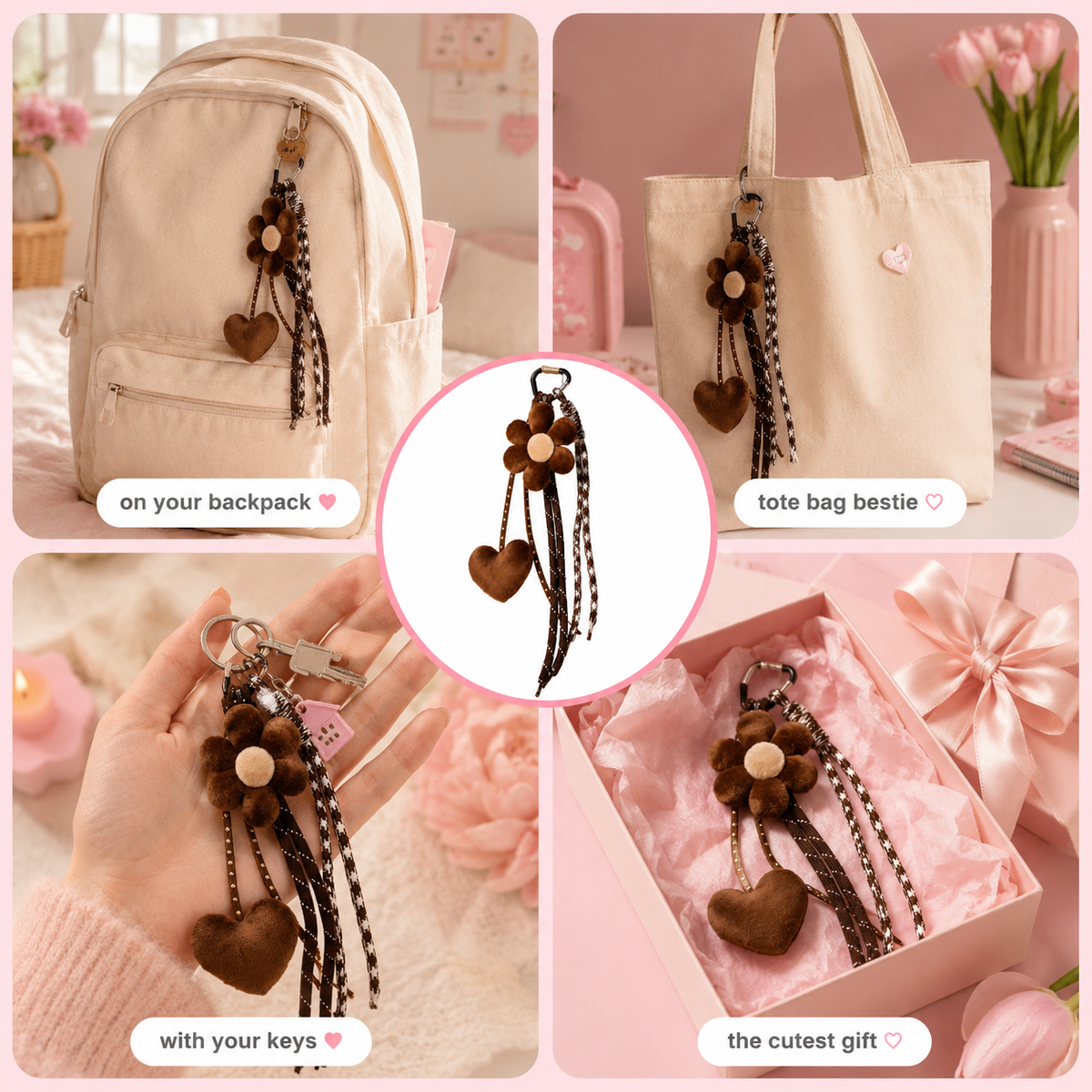 Brown Flower & Heart Soft Charm Keychain – Cozy Plush Bag Charm