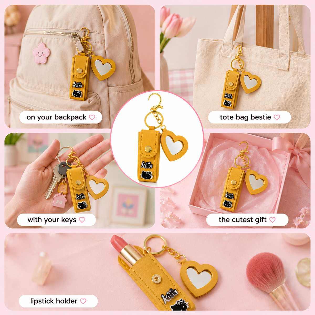 Golden Heart Lipstick Holder Charm – Cute Kitty Keychain with Mirror