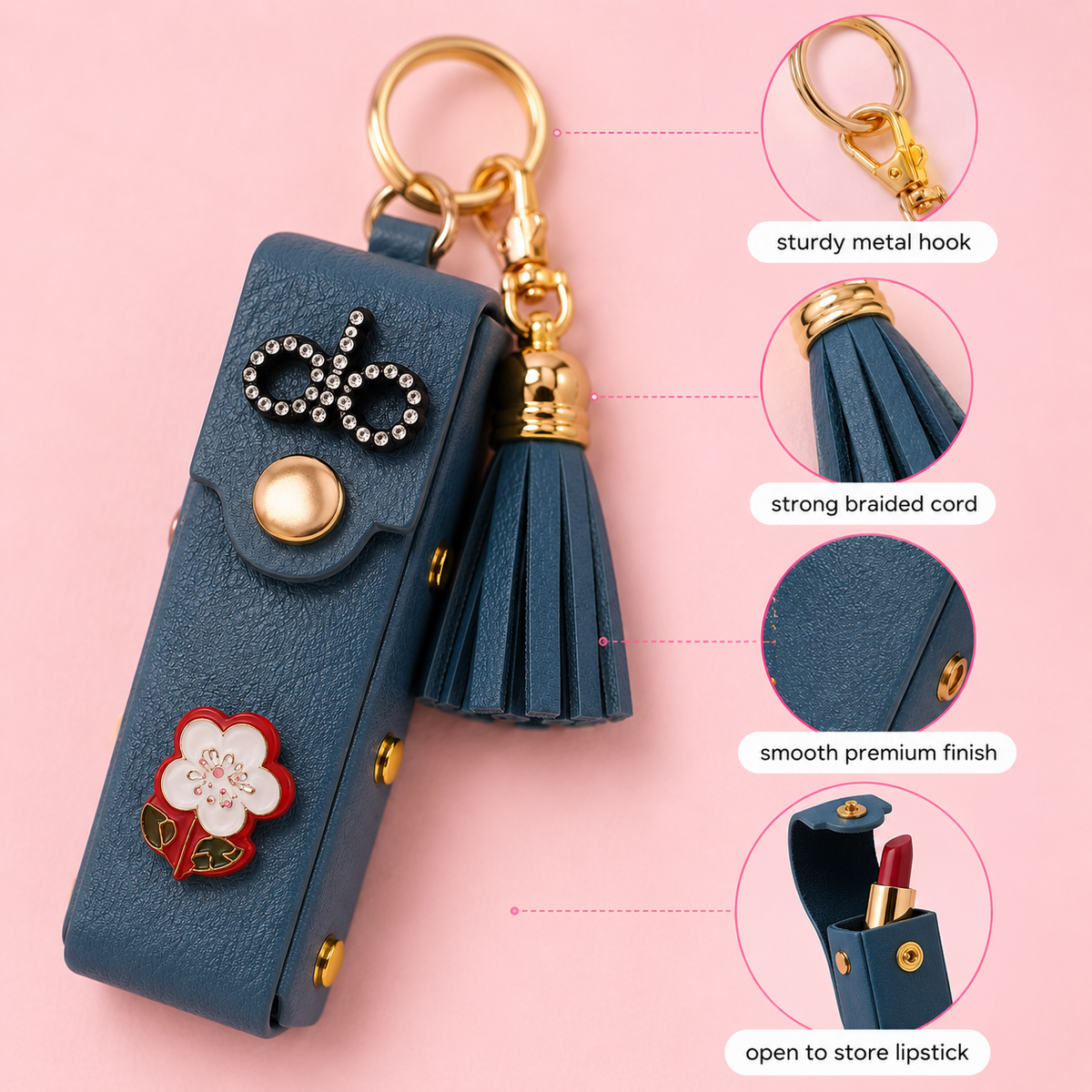 Luxe Blue Lipstick Holder Charm – Pocket Pouch Keychain with Tassel