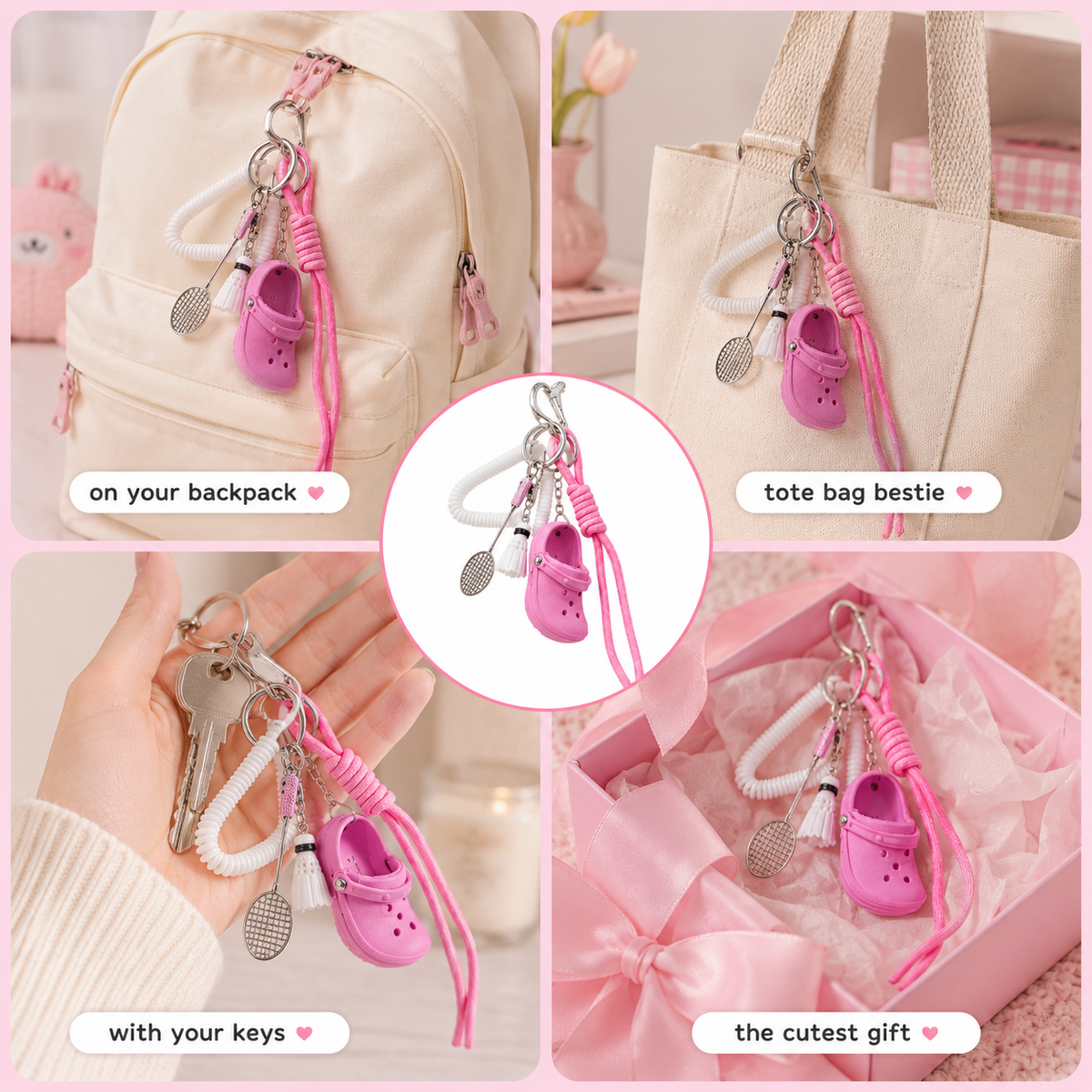 Pink Sporty Charm Set – Badminton, Clogs & Wrist Strap Bag Charm