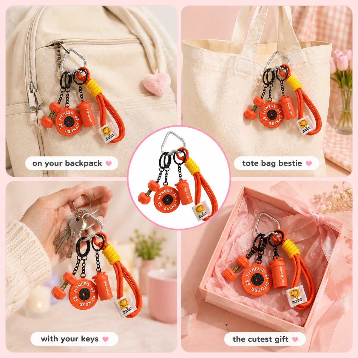 Gym Buddy Fitness Bag Charm – Dumbbell & Sipper Keychain for Gym Lovers